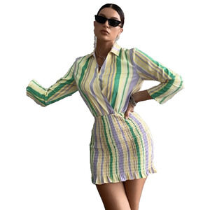 Zara Striped Shirt Dress Pastel Smocked Flounce Hem NWT Womens XS